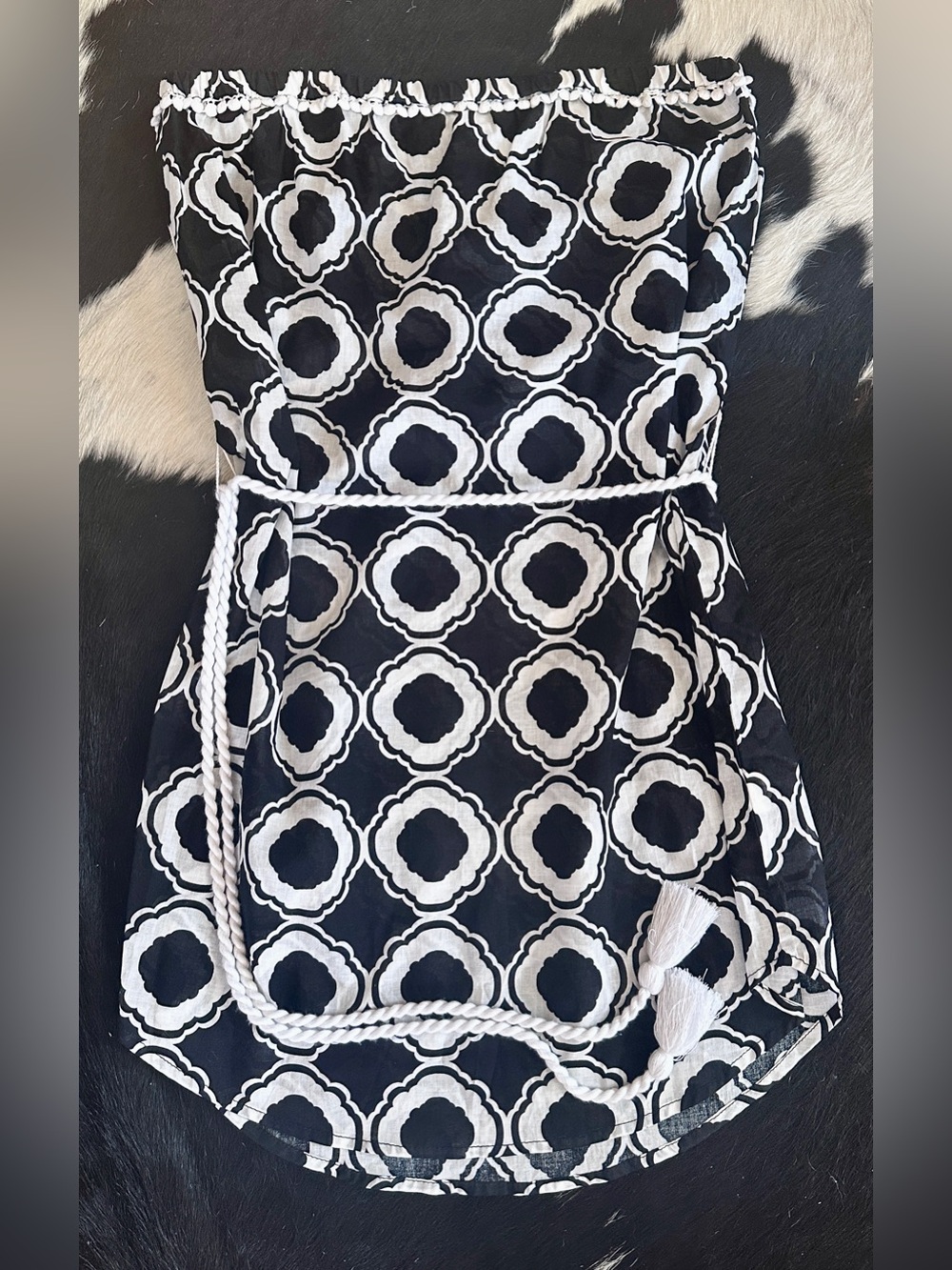 Mud Pie Black and White Strapless Patterned Dress with Rope Belt! Sz L, EUC!